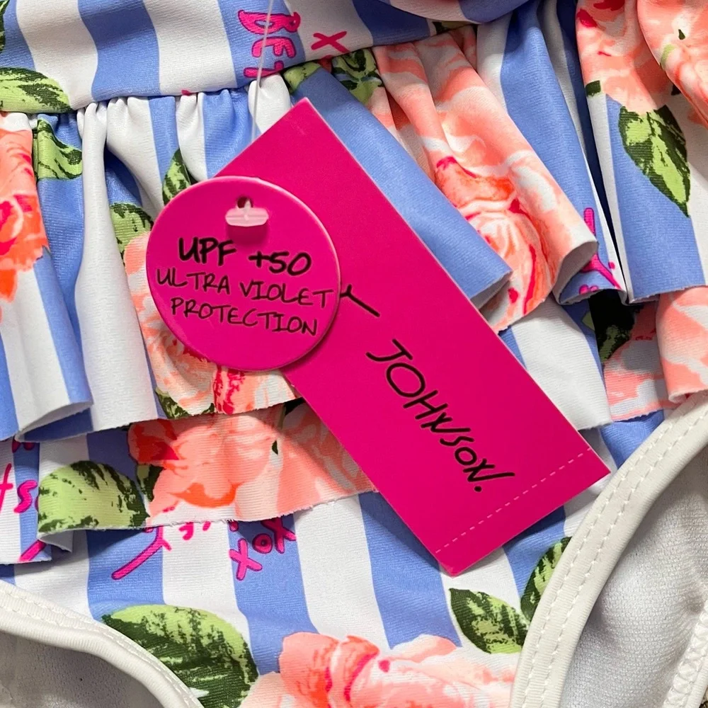Betsey Johnson Swimsuit One Piece Stripe Floral Ruffle Toddler 3T New - Picture 3 of 4
